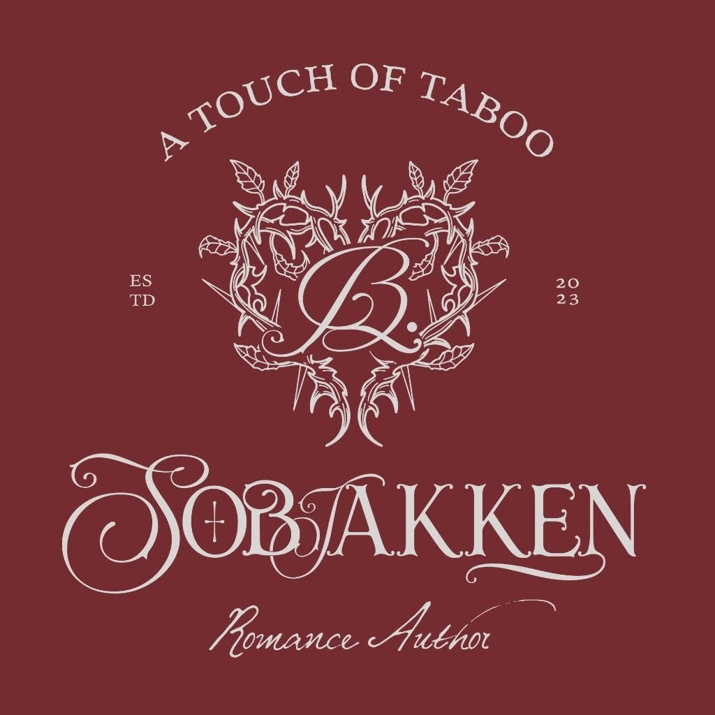 Book cover with text 'A Touch of Taboo' and 'SOBakken Romance Author' on a maroon background. Illustration of intertwined deer heads and ornamental designs in white.