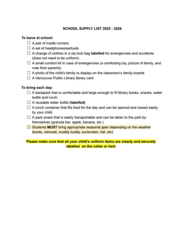 School supply list for 2025-2026 including items to leave at school, items to bring daily, and specific clothing instructions for children, such as seasonal gear and secure uniform labeling.
