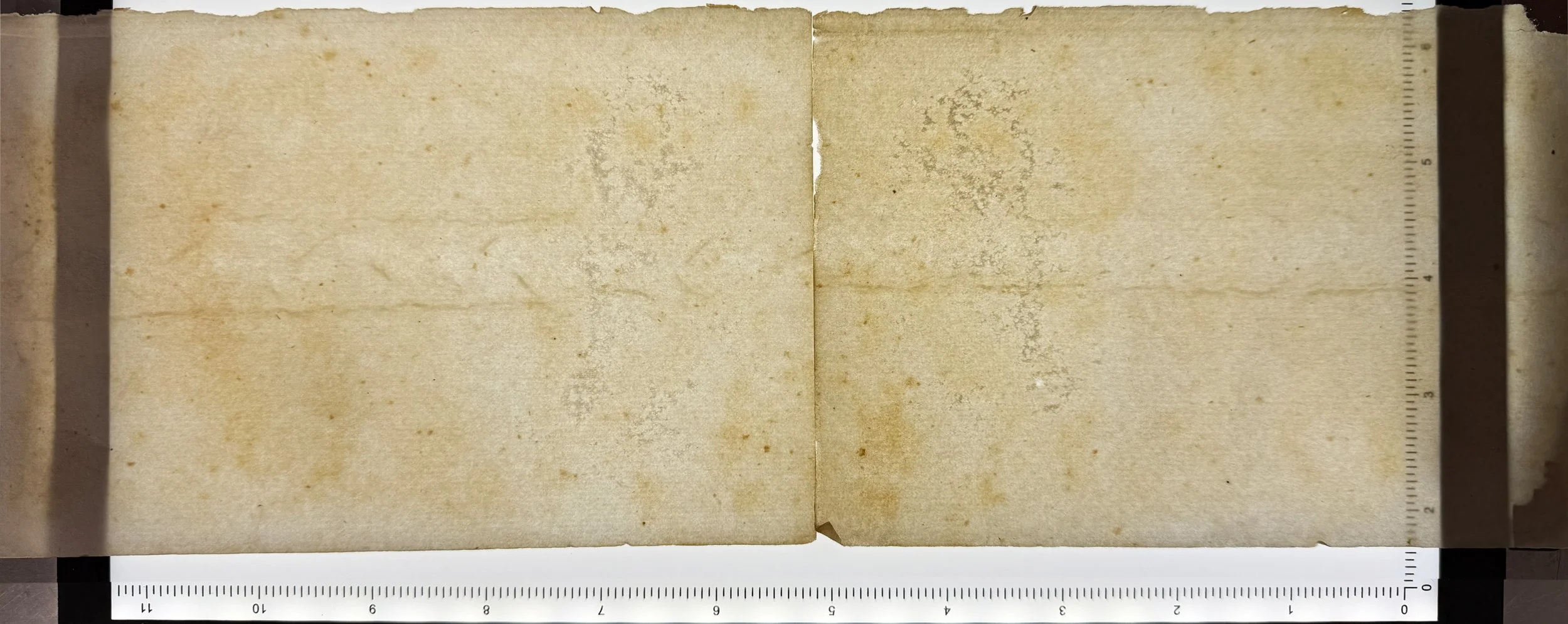 Unknown wove sheet flaw. Possibly percussion (i.e., dropped mould on top sheet of post) or wooden slat take-up real damage on paper machine? Any ideas?