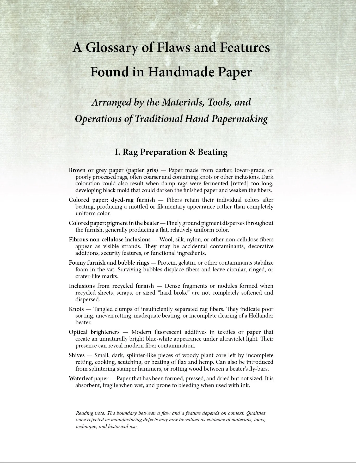 A Glossary of Flaws and Features Found in Handmade Paper. 