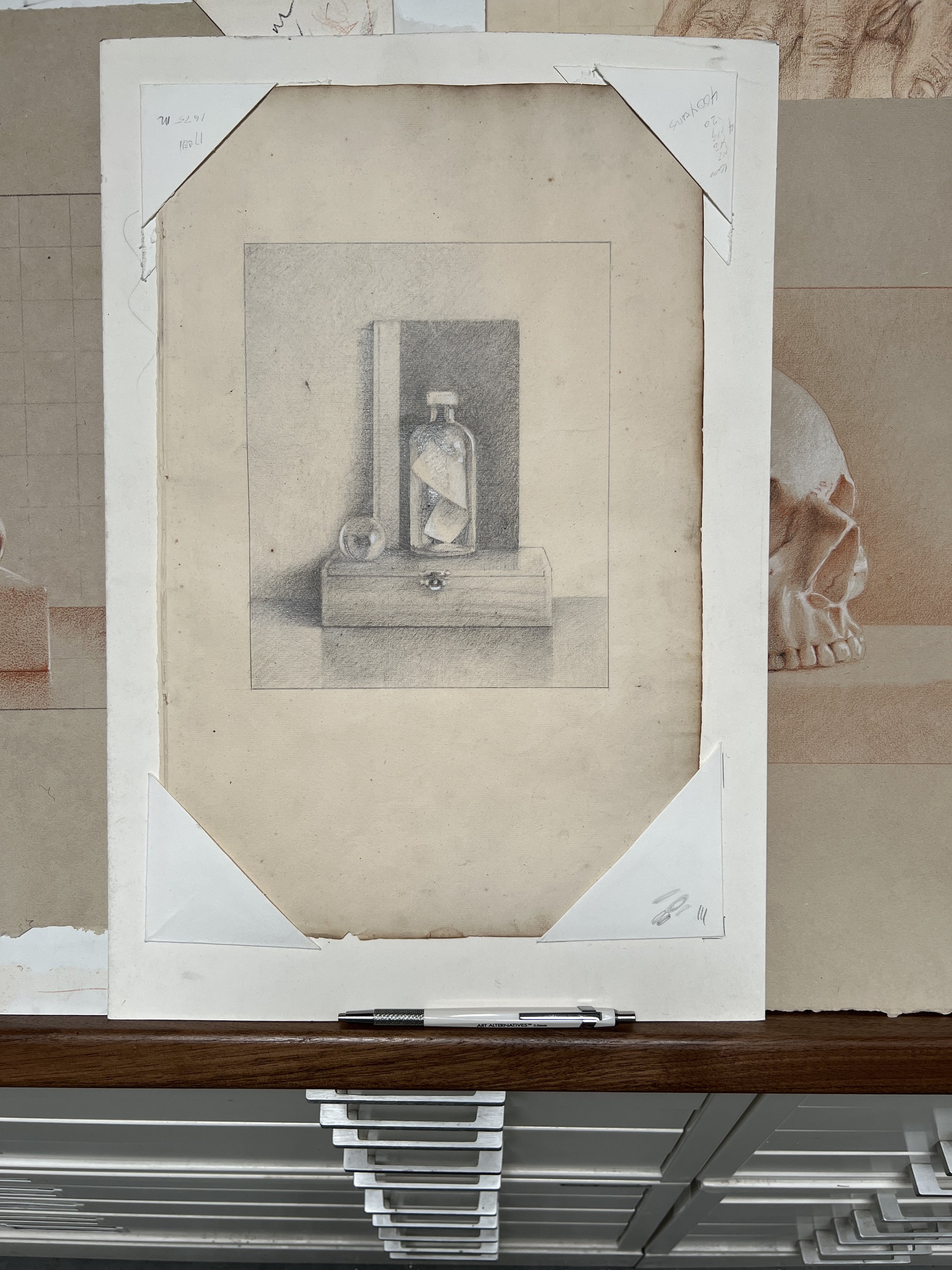 Message in a bottle drawing on vintage paper, 2021