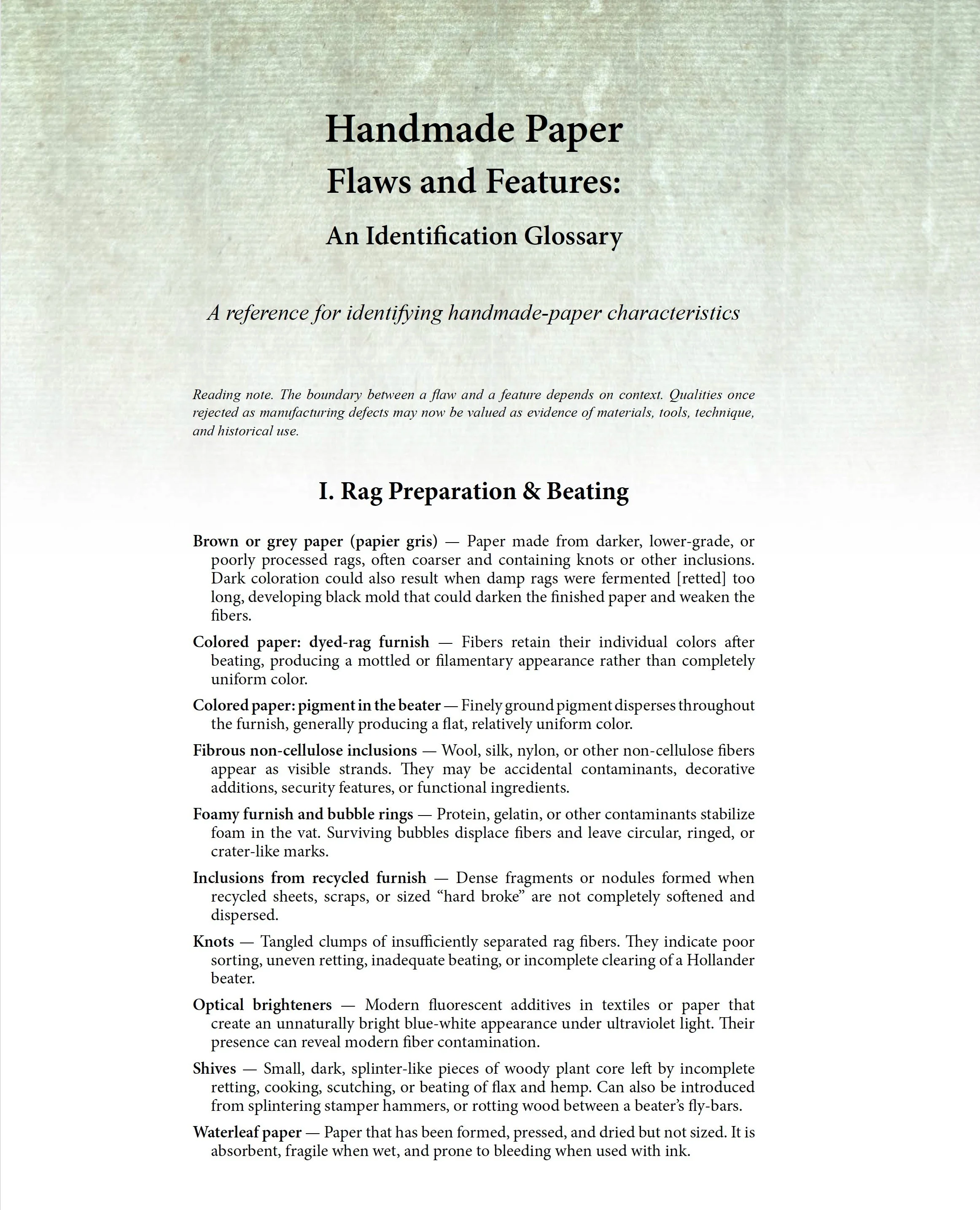 Handmade Paper  Flaws and Features:  An Identification Glossary for Identifying Handmade Paper Characteristics 