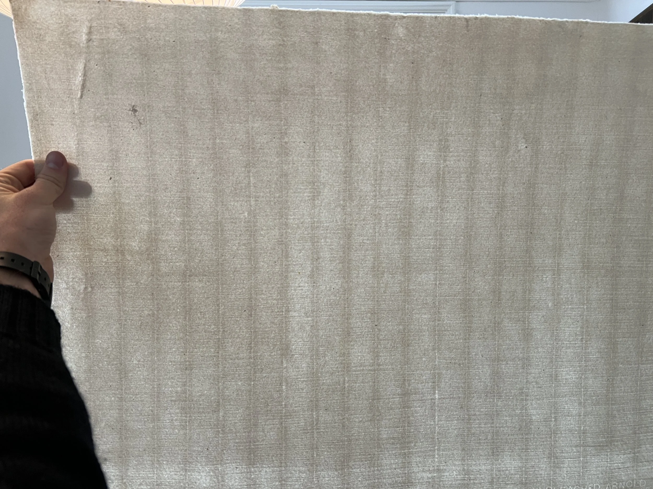 Abrasion upper left, blurred chain lines, and thin across the "bad side" of the sheet. At The Paper Foundation, Kendal, UK 