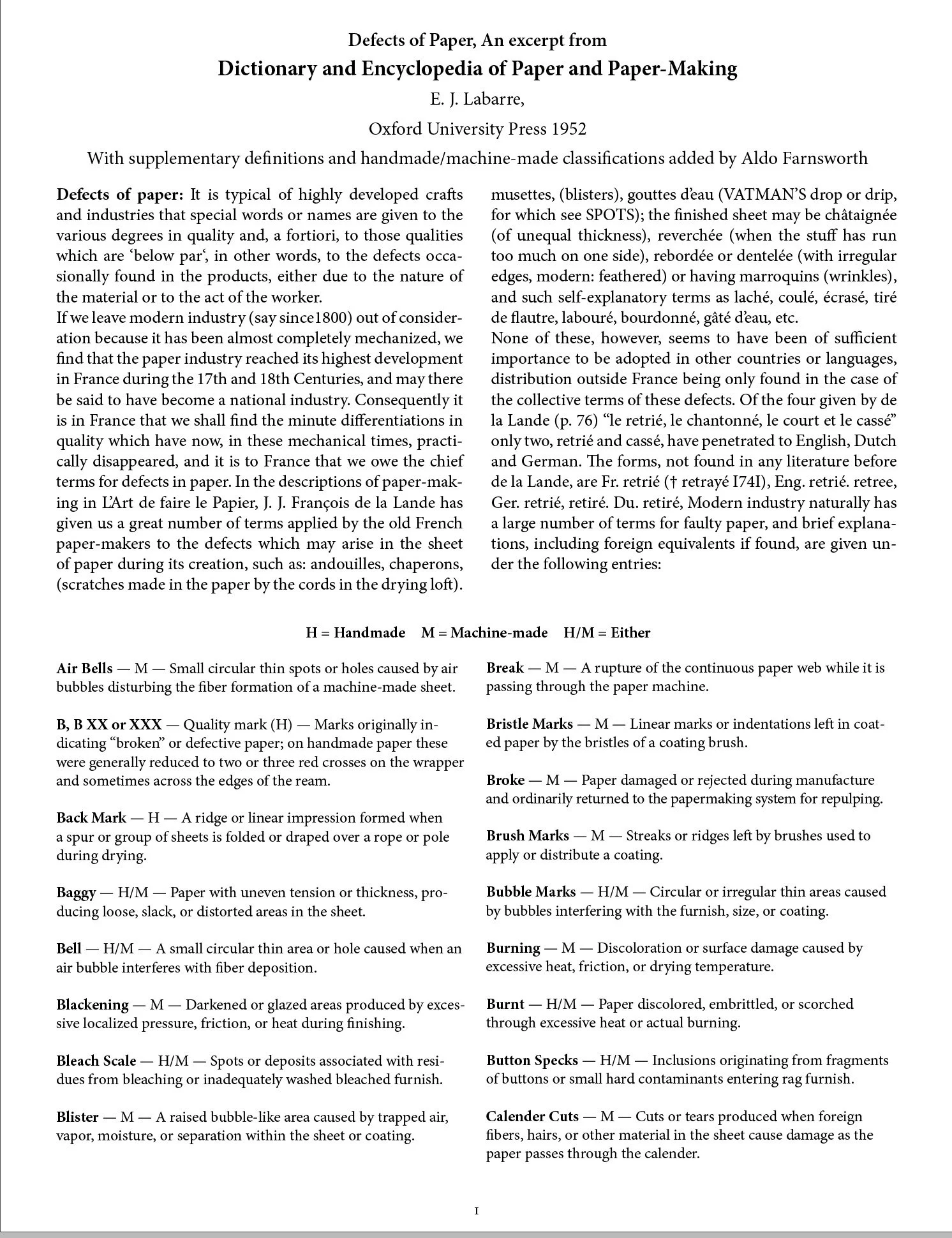 Defects of Paper, An excerpt from Dictionary and Encyclopedia of Paper and Paper-Making
E. J. Labarre, 
