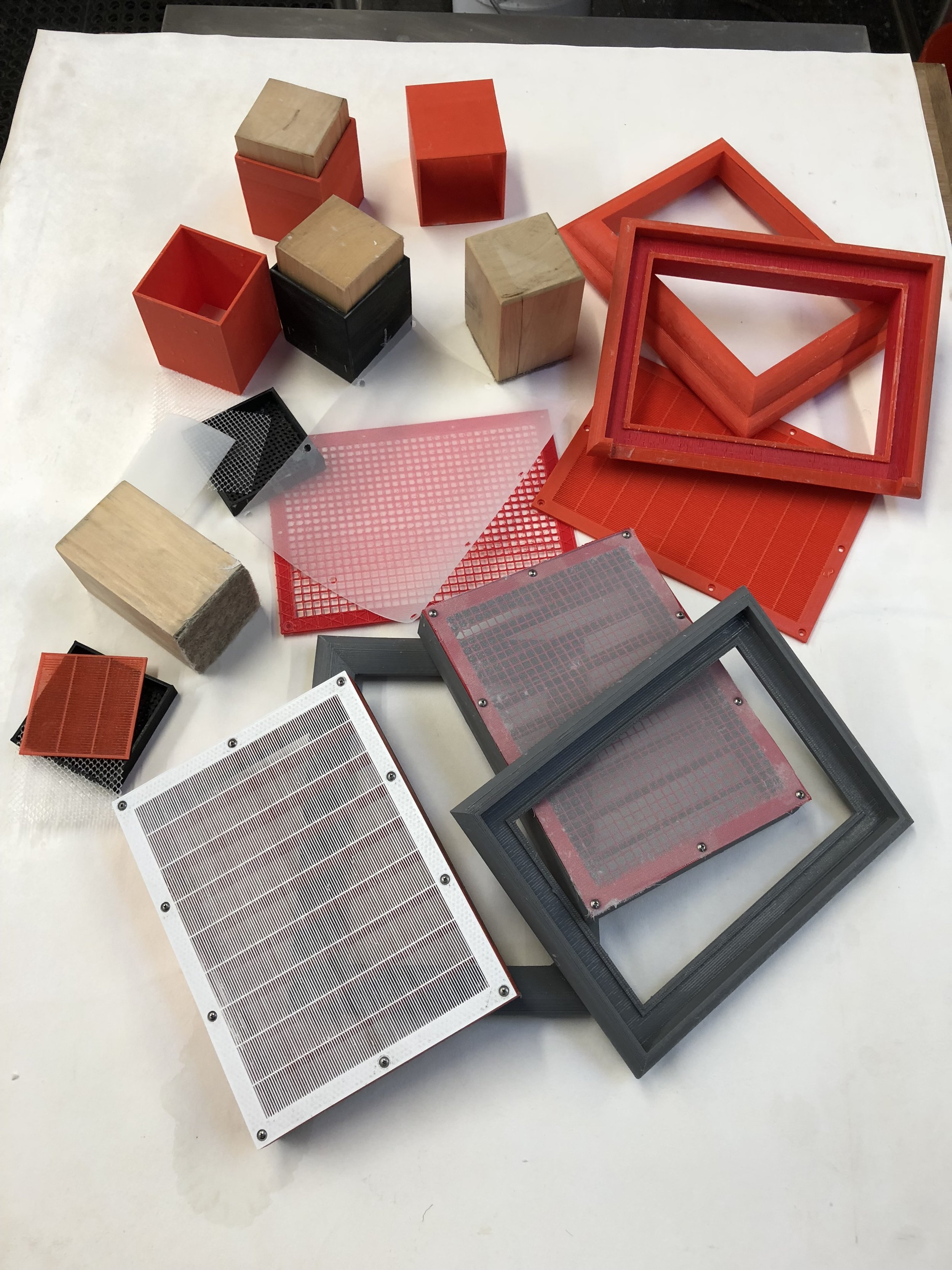 Various 3D printed tools for making test sheets