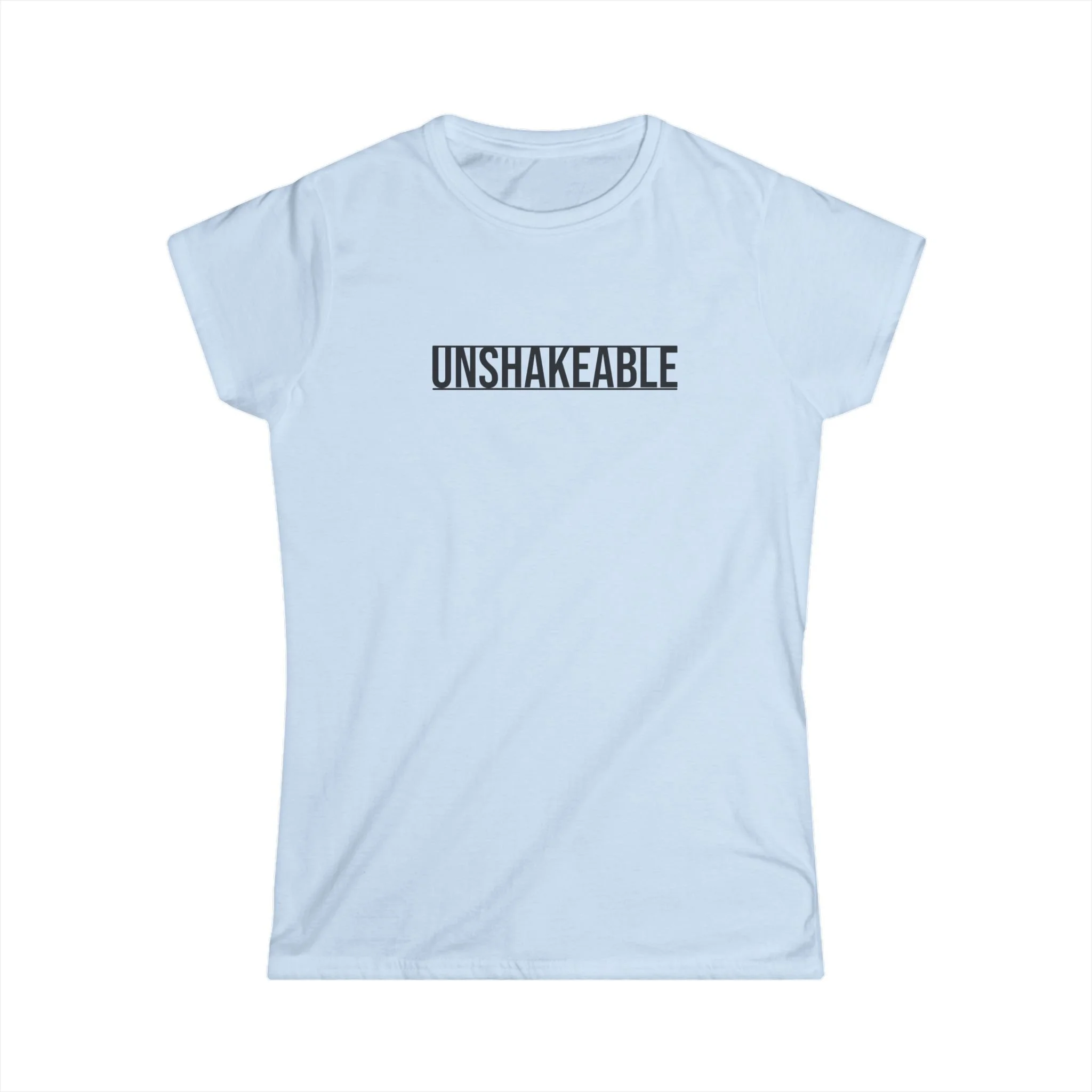 Light blue T-shirt with the word "UNSHAKEABLE" printed in bold black letters across the chest.