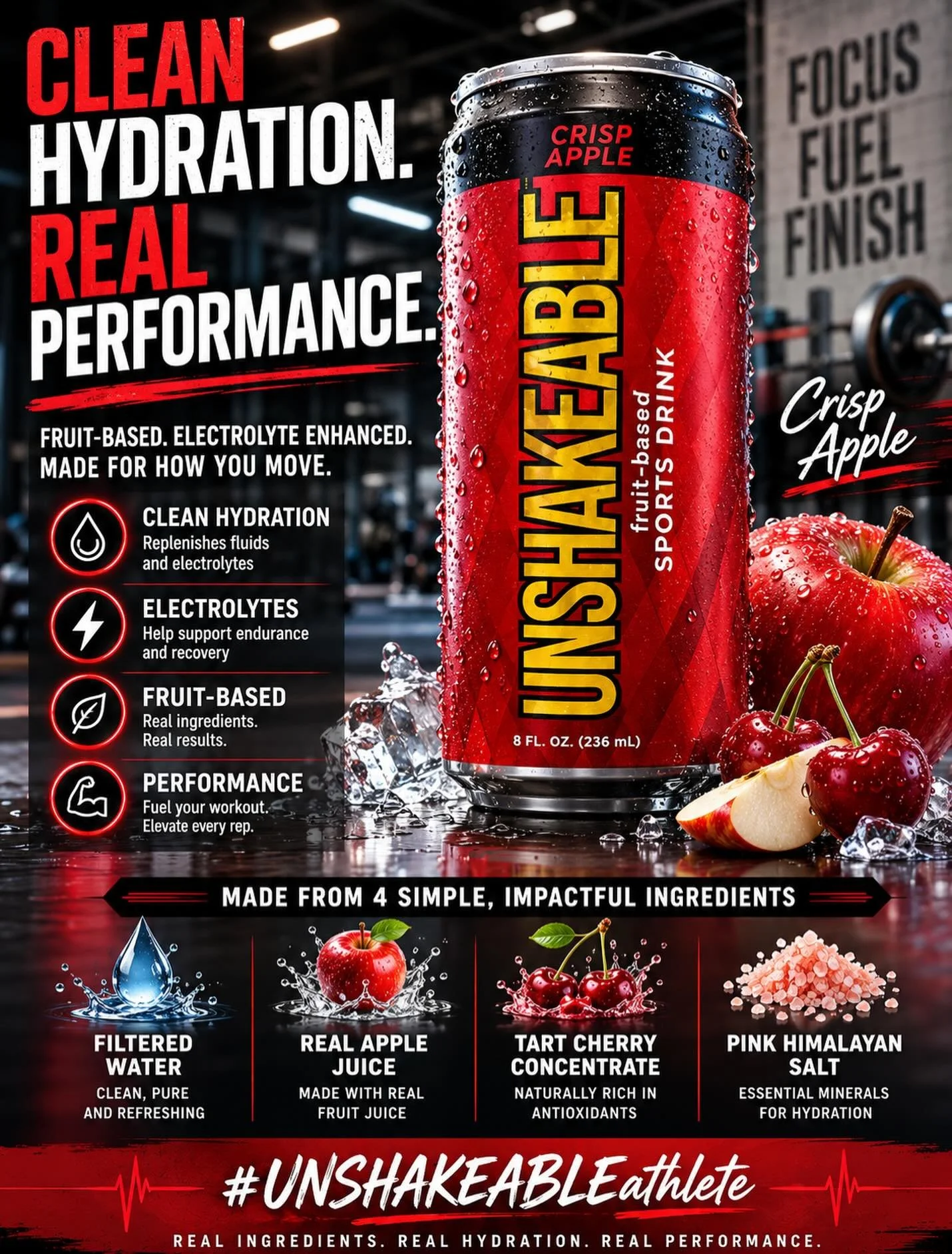 CRISP APPLE delivers a fresh taste with pure ingredients!

Are you looking for a better sports drink with less additives?  Our UNSHAKEABLE Sports Drink is your answer! 

4️⃣ simple and delicious ingredients formulated to nourish your body to perform!