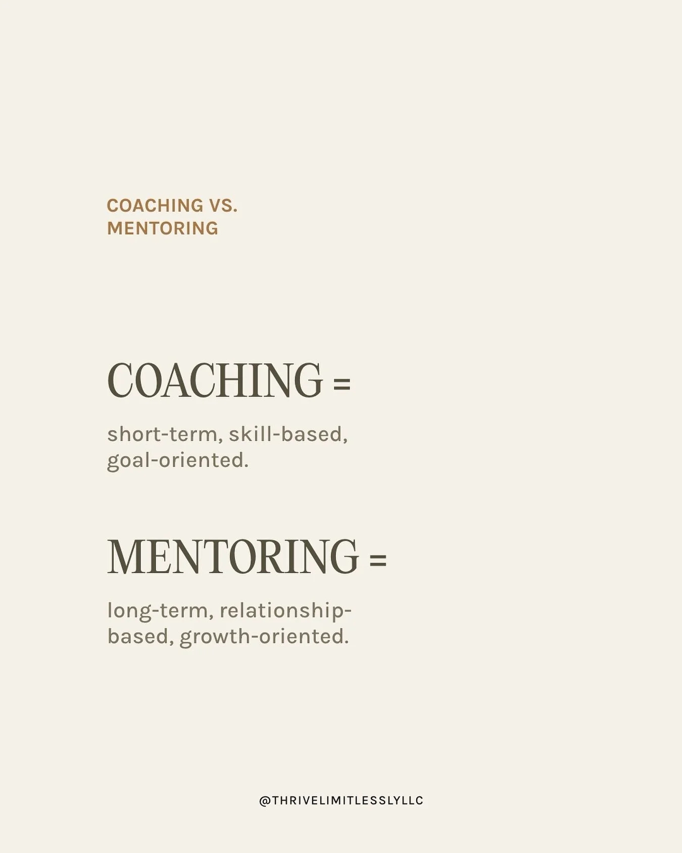 People often confuse coaching and mentoring&mdash;but they serve different purposes:

Coaching = short-term, skill-based, goal-oriented.
Mentoring = long-term, relationship-based, growth-oriented.

Both are powerful. Both help professionals thrive. B