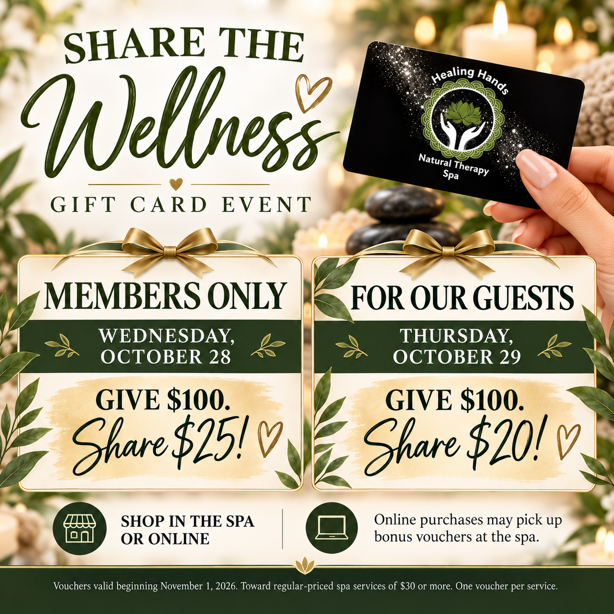 Healing Hands Natural Therapy Spa wellness gift card event flyer offering $25 vouchers to members and $20 vouchers to guests with $100 purchases.