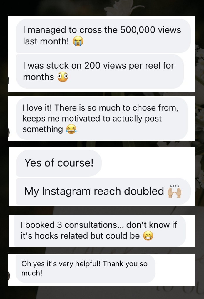 Screenshot from wedding planners and photographer of a text conversation about Social & More, social media mangement agency London helping social media growth, mentioning reaching 500,000 views, increasing Instagram reach, and booking weddings.