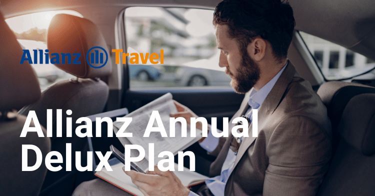 Man sitting in the backseat of a car reading a document, promoting Allianz Annual Deluxe Plan from Allianz Travel.