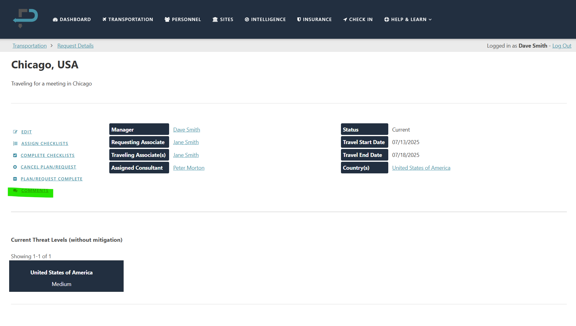 Screenshot of a transportation management system dashboard showing details for a trip to Chicago, USA, including travel dates, personnel, and threat level.