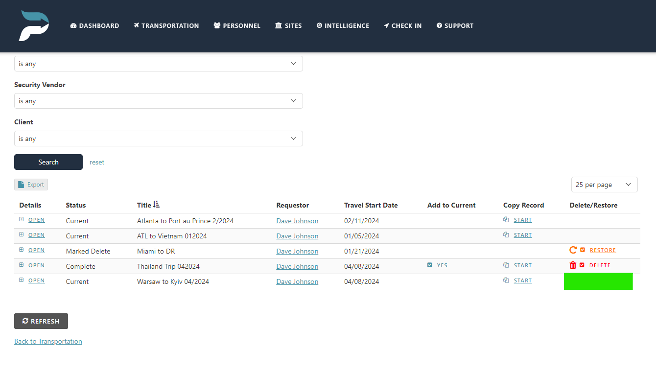 Screenshot of a digital dashboard with navigation tabs labeled Dashboard, Transportation, Personnel, Sites, Intelligence, Check In, Support. Under the search area, a table lists transportation request details, including status, title, requestor, travel start date, and options for copying, deleting, or restoring records.
