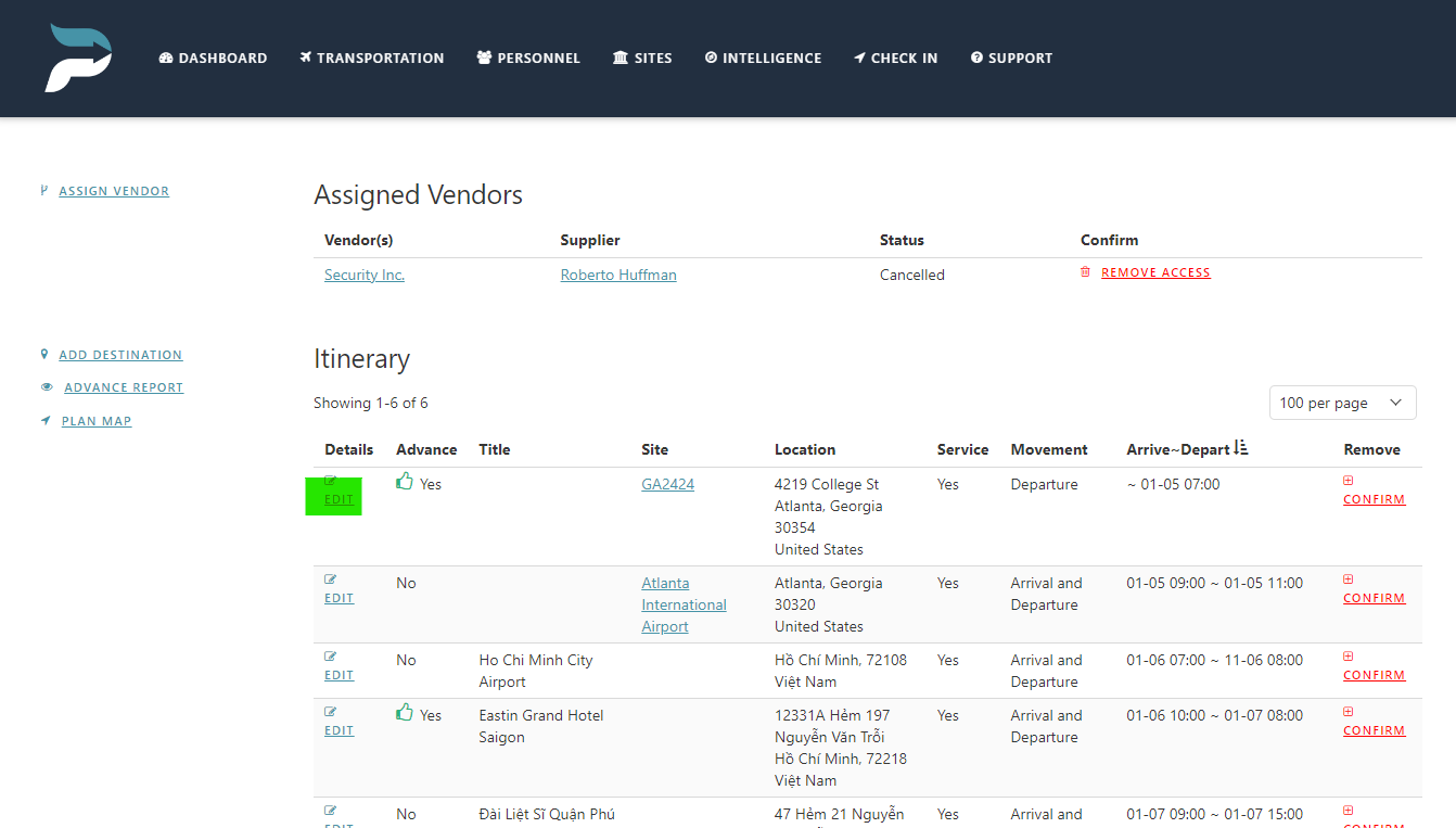 Screenshot of a logistics or transportation management dashboard showing assigned vendors, itinerary details, and options for editing or confirming transportation schedules.