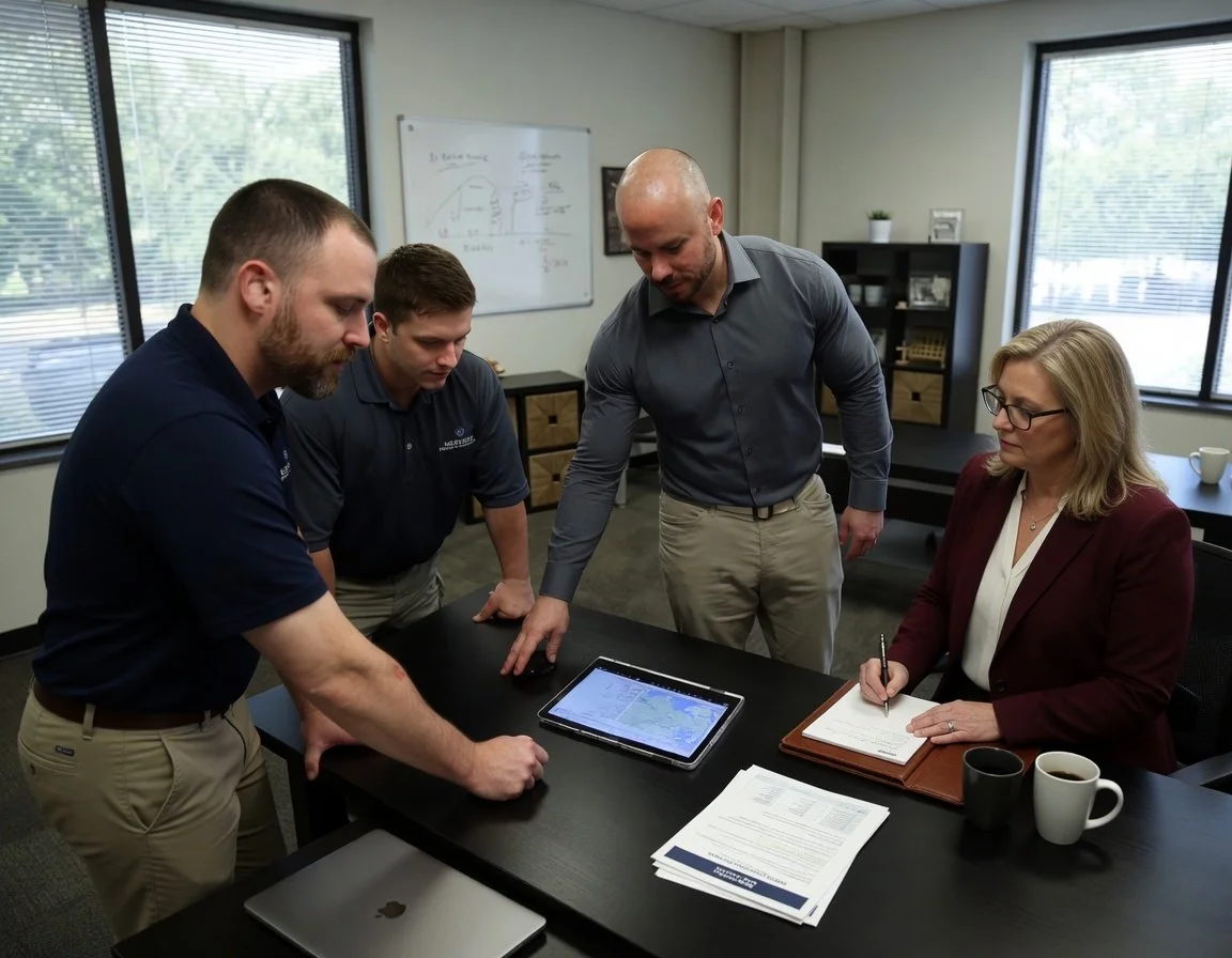 People sitting around a conference table in a meeting room, working on laptops, with a large window and artwork on the walls.