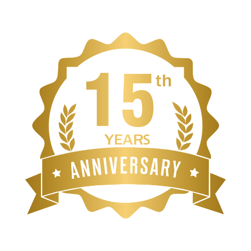 Gold badge with 15th Years Anniversary text and laurel leaves, celebrating a 15-year milestone.