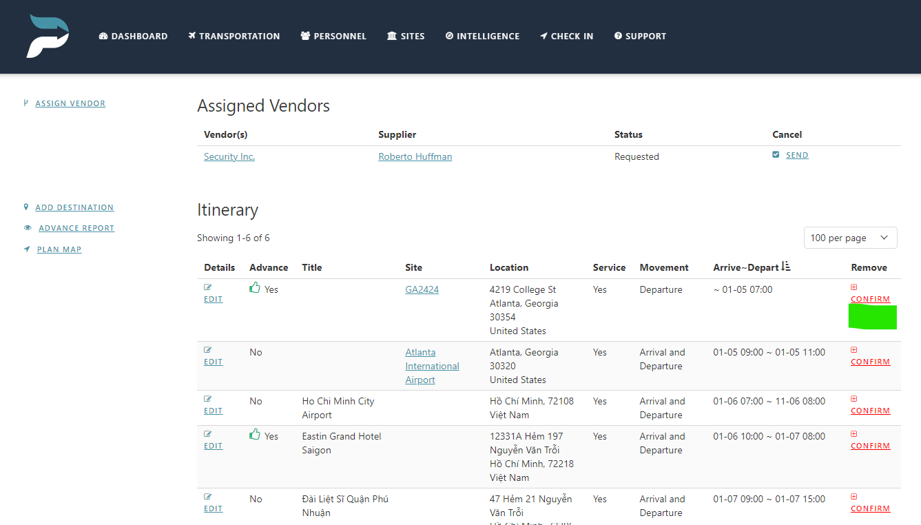Screenshot of a web interface showing assigned vendors, itinerary details, and itinerary status for shipments, with options for editing entries and confirming arrivals.