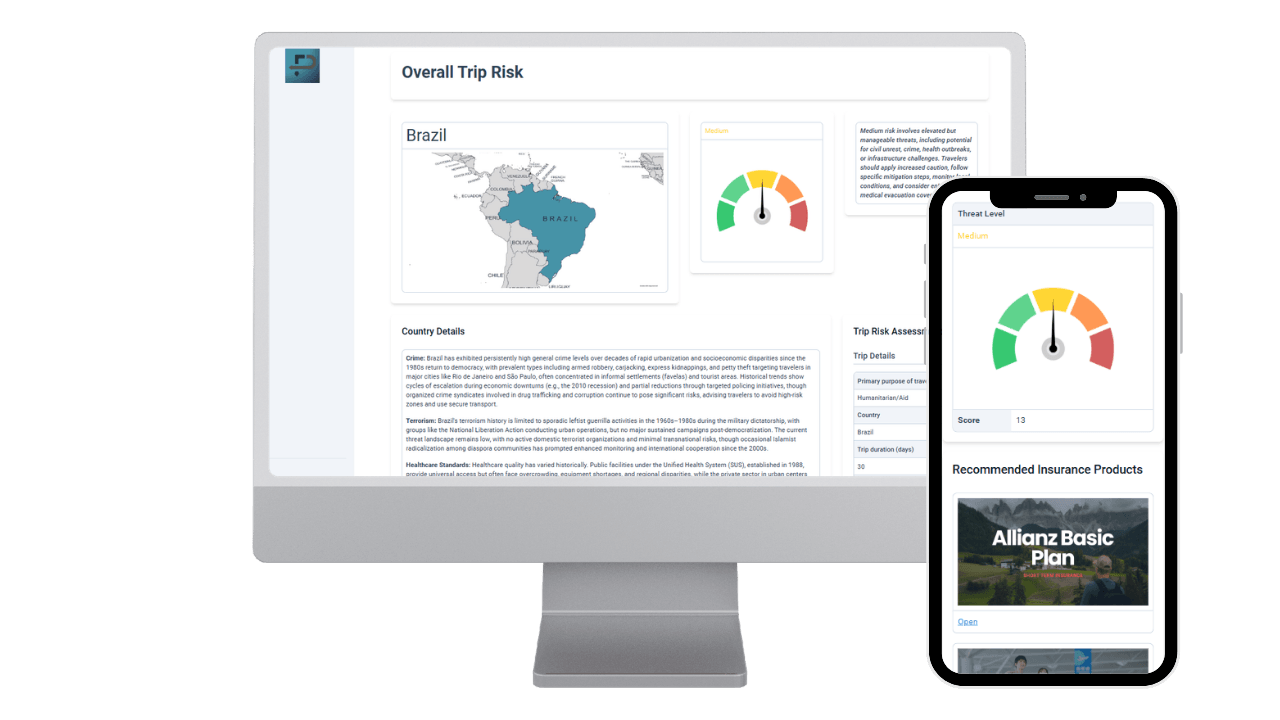 A desktop monitor and smartphone display a travel risk report for Brazil with maps, risk gauges, and insurance recommendations.