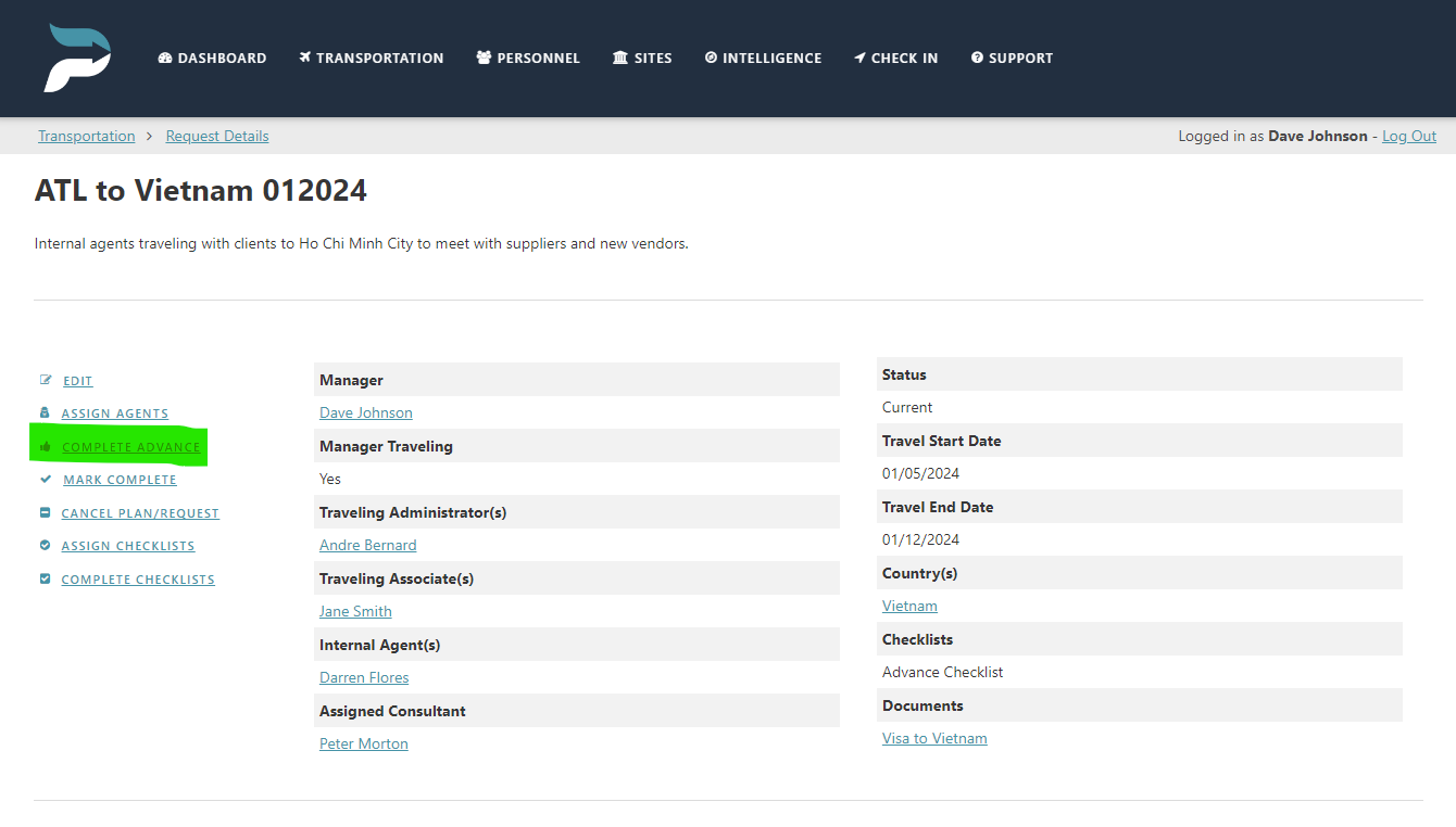 Screenshot of a transportation management webpage showing details of an international trip from Atlanta to Vietnam, including manager, travel dates, and checklists.