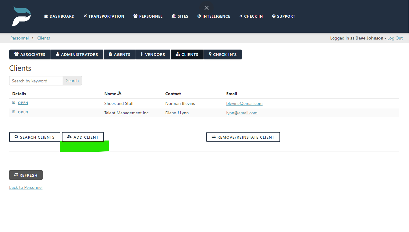 Client management dashboard showing a list of clients, search bar, and add client button, with navigation menu at the top.