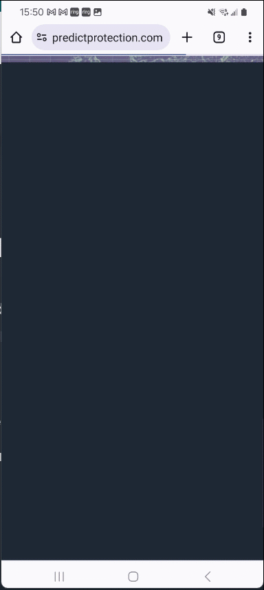 Screenshot of a mobile phone showing a web page with the URL predictprotection.com, with the main part of the screen being dark and empty.