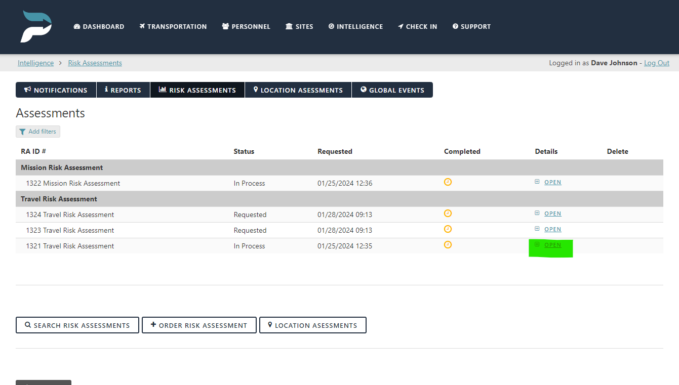 Screenshot of a web-based risk assessment dashboard showing lists of mission and travel risk assessments with statuses, requested dates, completed icons, details links, and delete options. The user is logged in as Dave Johnson.