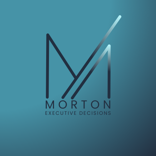 Logo with stylized M and A lines, text reads Morton Executive Decisions on a blue gradient background.