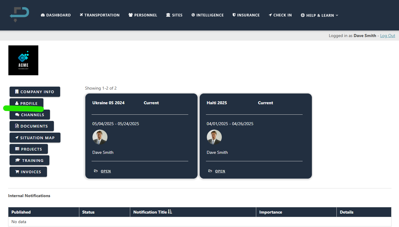 Screenshot of an online dashboard interface with navigation menu, company information, and project details, showing sections for Ukraine 2024 and Haiti 2025 projects, and a user logged in as Dave Smith.