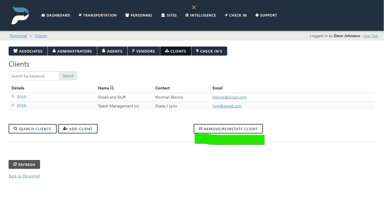 Screenshot of a client management web application showing a list of clients with options to search, add, or remove clients. Two clients listed are Shoes and Stuff and Talent Management Inc, with contact names and emails. User logged in as Dave Johnson.
