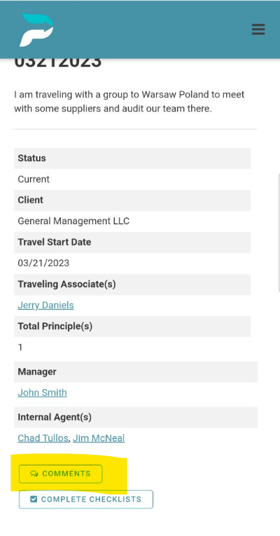 Screenshot of a travel management software page with details of a trip to Warsaw, Poland, including client, manager, travel start date, and team members. The bottom left has a yellow highlighted comment section and a blue completed checklists button.