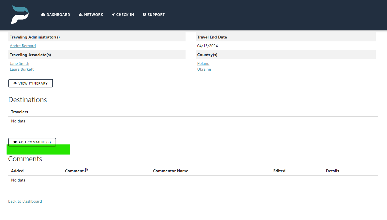 Screenshot of a travel dashboard webpage showing travel administrators and associates, travel end date of 04/13/2024, destinations to Poland and Ukraine, and options to view itinerary and add comments.