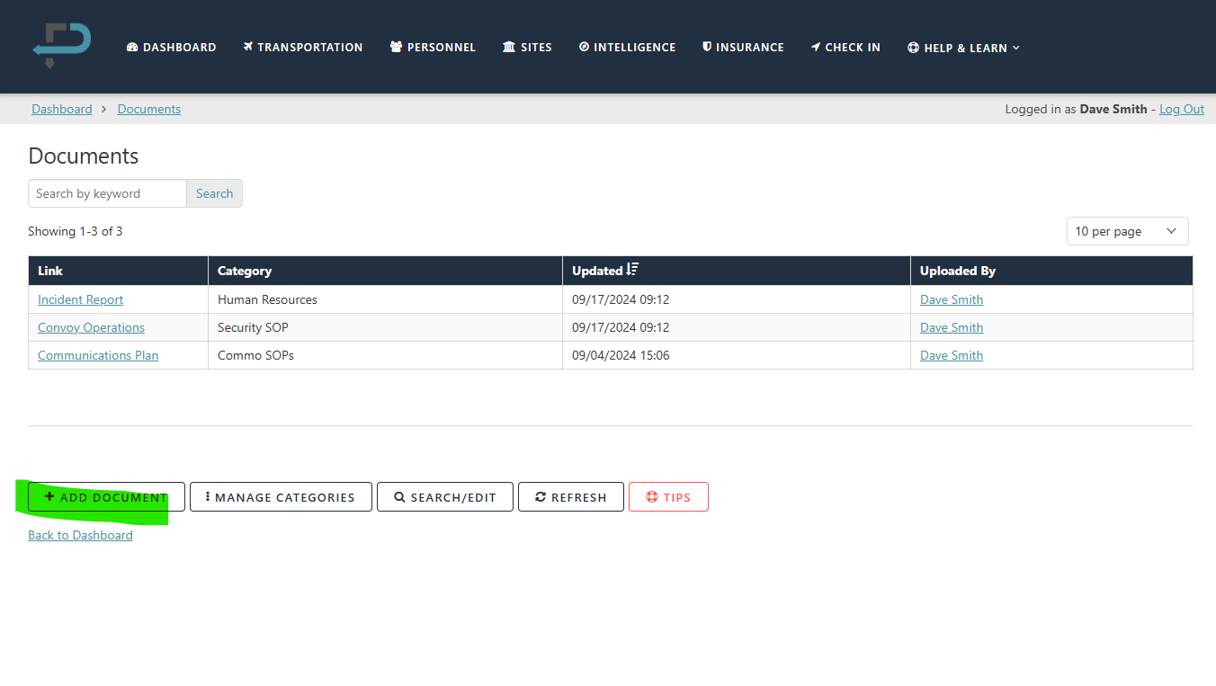 Screenshot of a web dashboard page titled 'Documents' with a table listing three documents, including 'Incident Report,' 'Convoy Operations,' and 'Communications Plan.' The page features navigation options at the top and a green '+ Add Document' button at the bottom left.