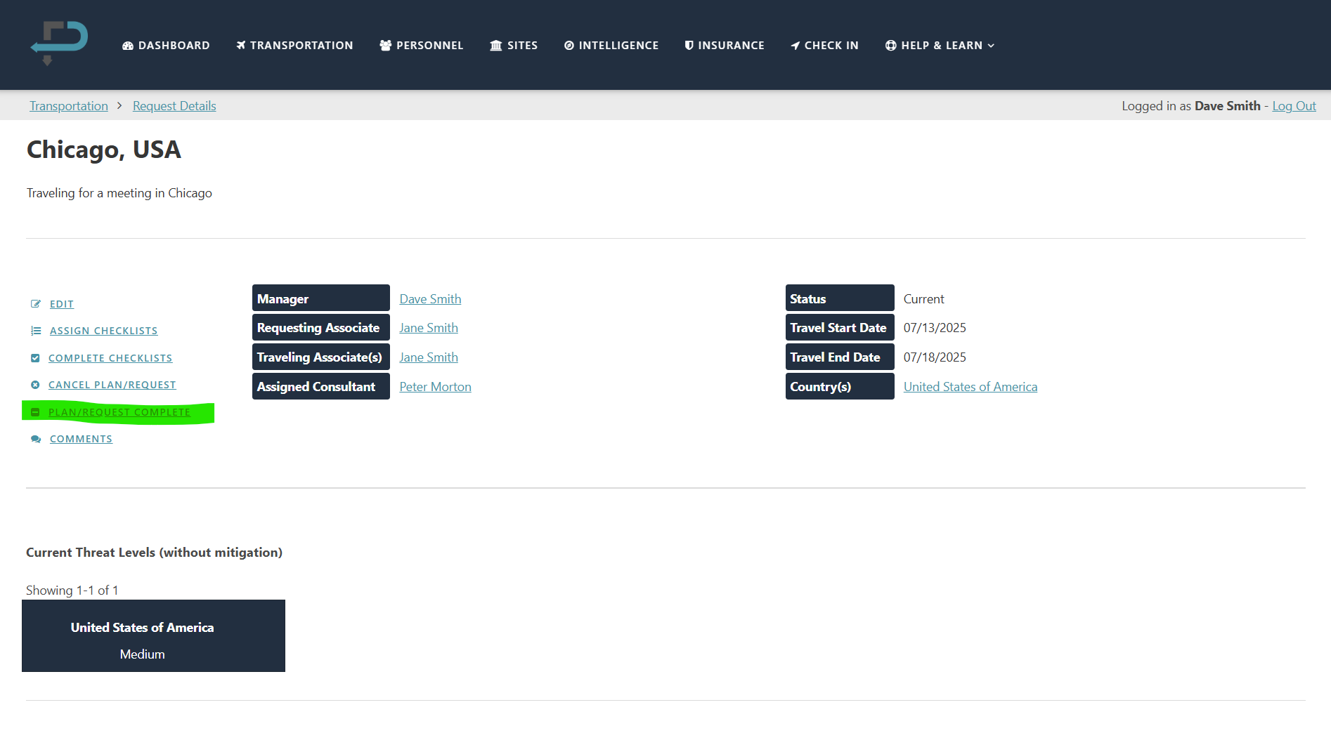 Screenshot of a transportation management dashboard with details of a trip to Chicago, including team members, dates, and status, with a green highlight on 'PLAN/REQUEST COMPLETE'.