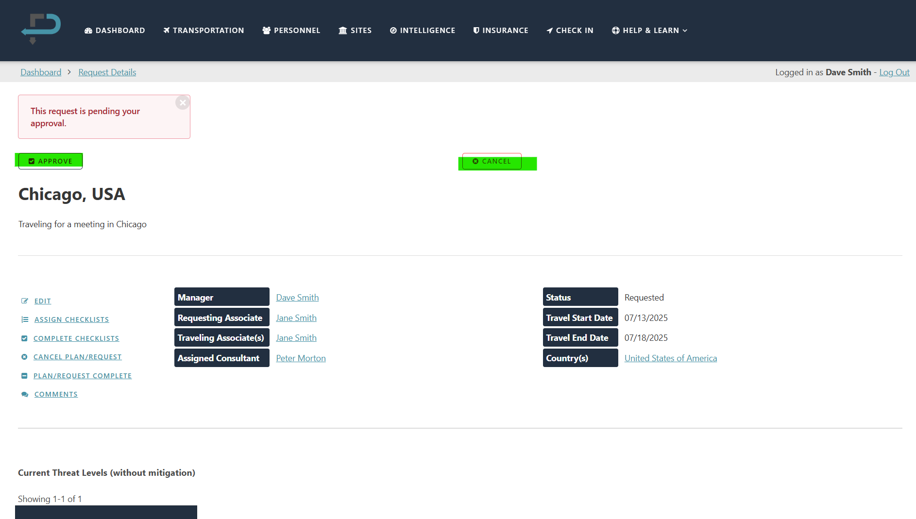 A computer screen displaying a travel request form for a meeting in Chicago, USA. The interface includes options to approve or cancel the request, with details such as manager, requesting associate, travel dates, and country.