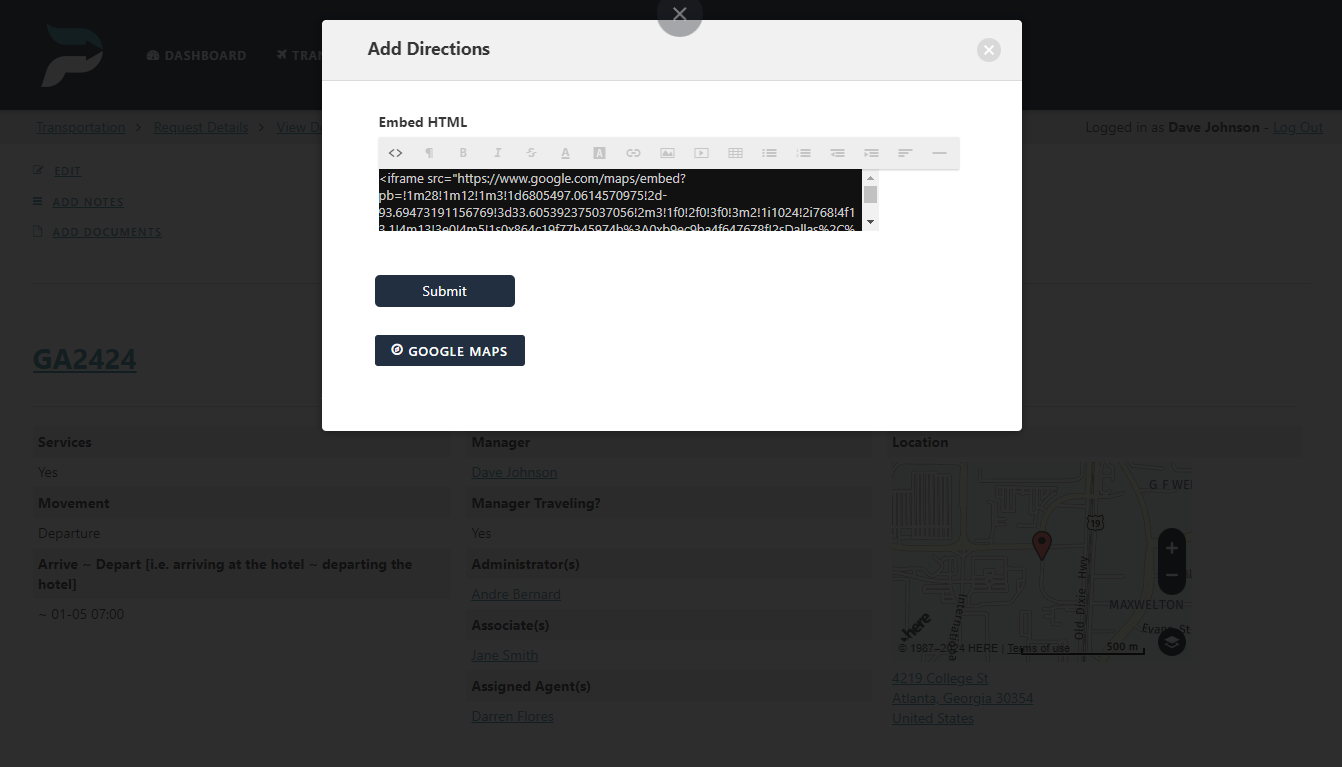 A pop-up window with embedded Google map code and two buttons labeled 'Submit' and 'Google Maps' over a blurred background of a web page.