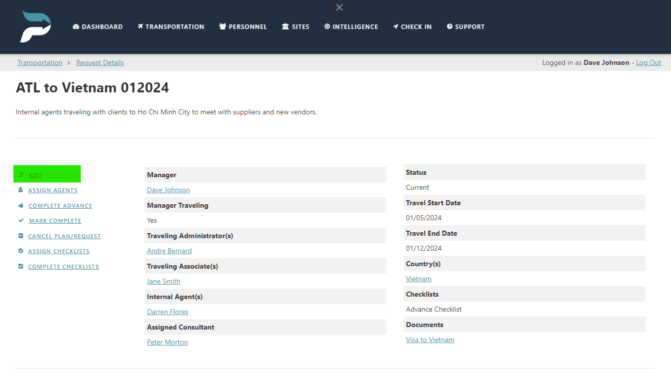 Screenshot of a logistics management web interface showing details of a trip from Atlanta (ATL) to Vietnam, including manager, travel details, and checklists.