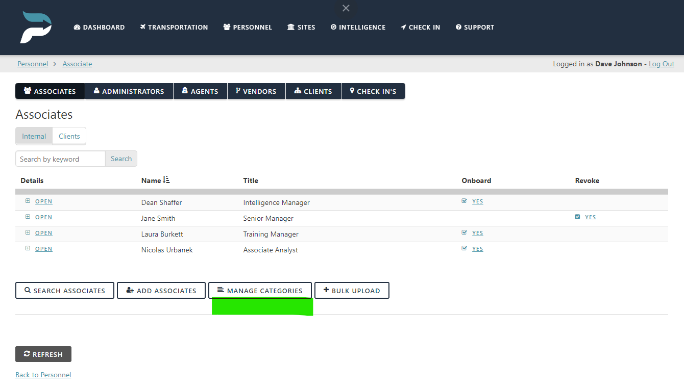 Screenshot of a personnel management dashboard showing a list of associates, including their names, titles, onboarding status, and revoke status. Navigation options for dashboard, transportation, personnel, sites, intelligence, check-in, and support are visible at the top.