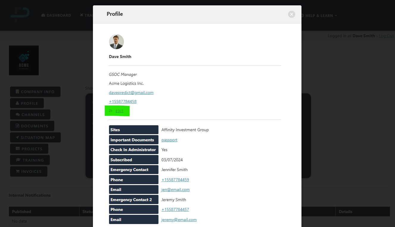 Screenshot of a user profile page for Dave Smith, GSOC Manager at Acme Logistics Inc., showing contact information, links, and administrative details.
