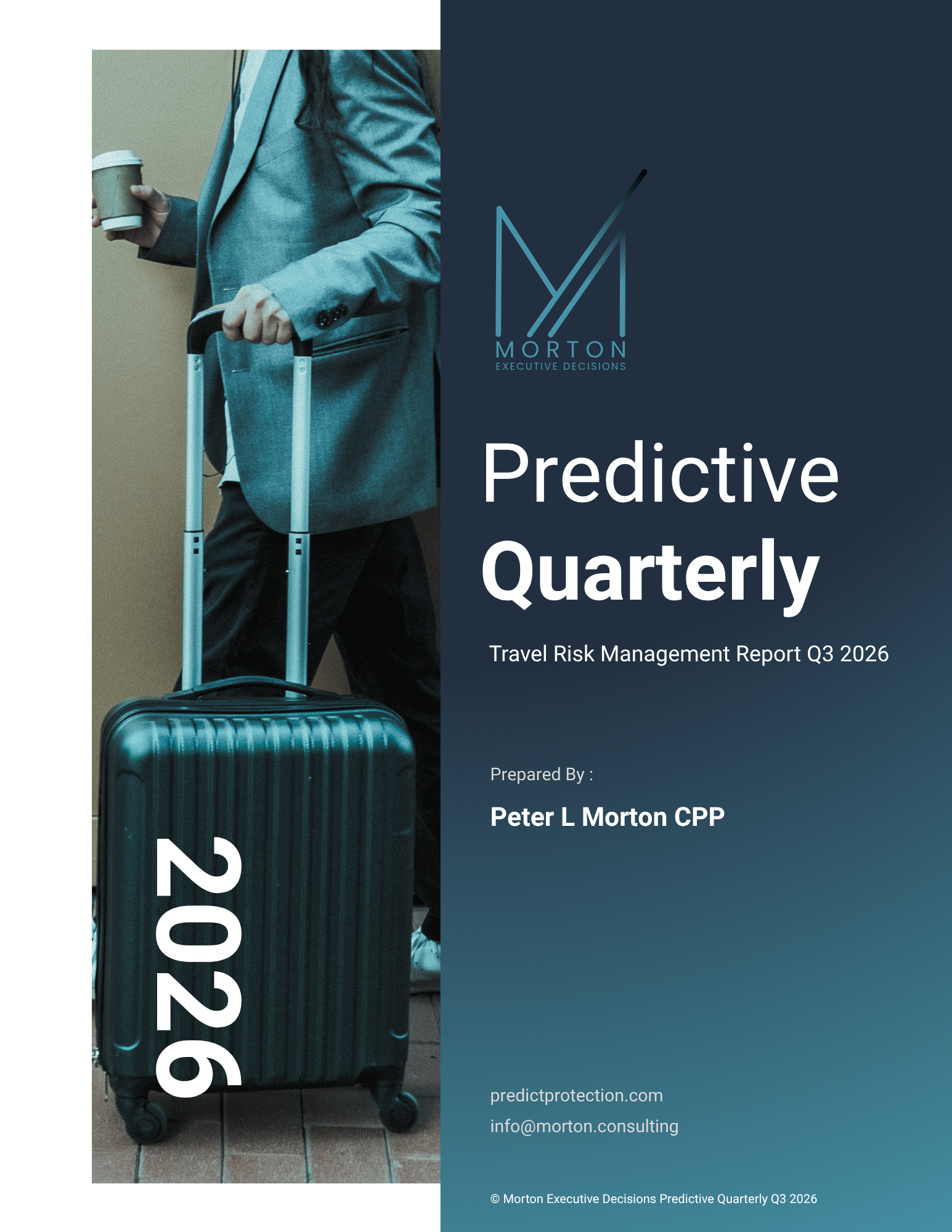 Cover page of a report titled 'Predictive Quarterly' by Morton, featuring an image of a person in business attire holding a coffee cup and pulling a suitcase, with contact information at the bottom.