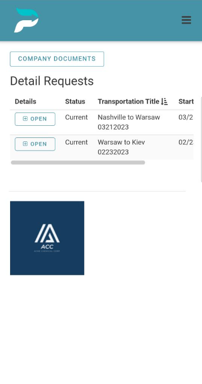 Screenshot of a company documents portal showing two transportation detail requests, one from Nashville to Warsaw and another from Warsaw to Kiev, along with a company logo at the bottom.