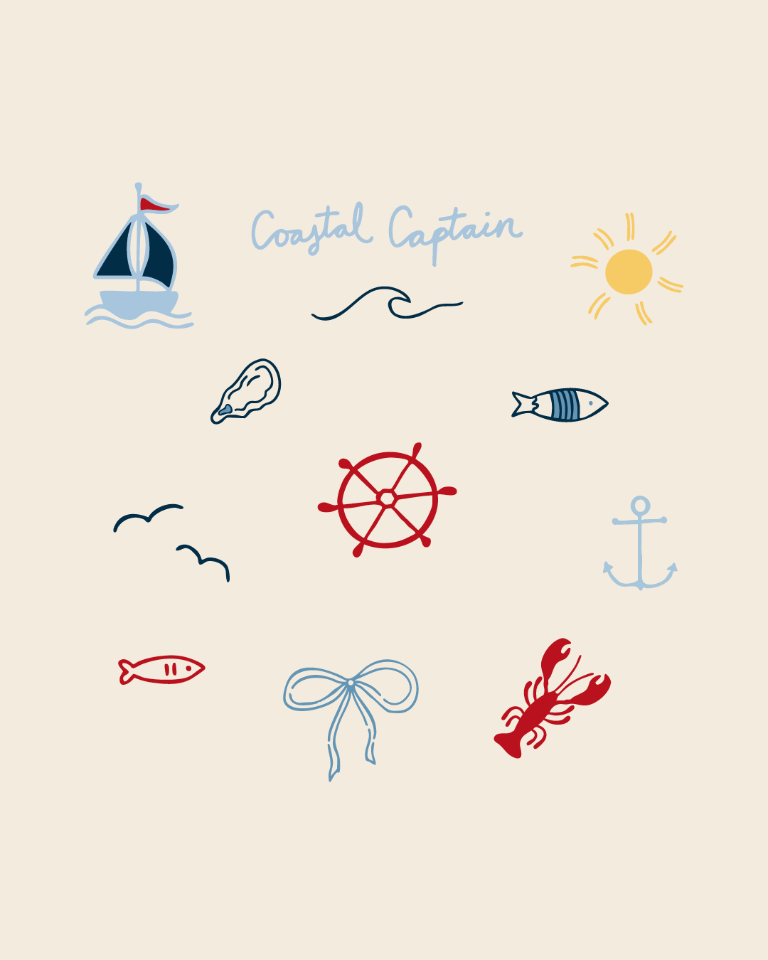 Collection of coastal-themed illustrations including a sailboat, sun, shell, fish, lobster, anchor, waves, a bow, and a ship wheel, with the words "Coastal Captain" at the top.