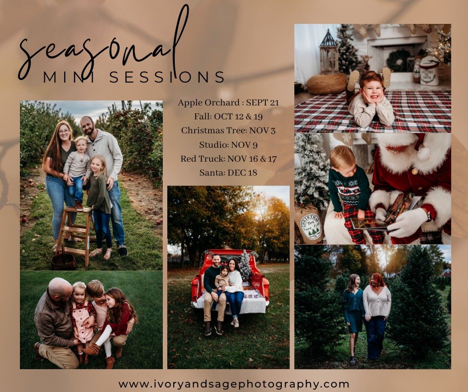 We have a great line up of mini sessions coming back this year! Take the chance to check out the link below for all of the upcoming options for this holiday season! This season flies by so don't wait to book!

📸Minis:
🍎 Apple Orchard
🍁 Fall Field

