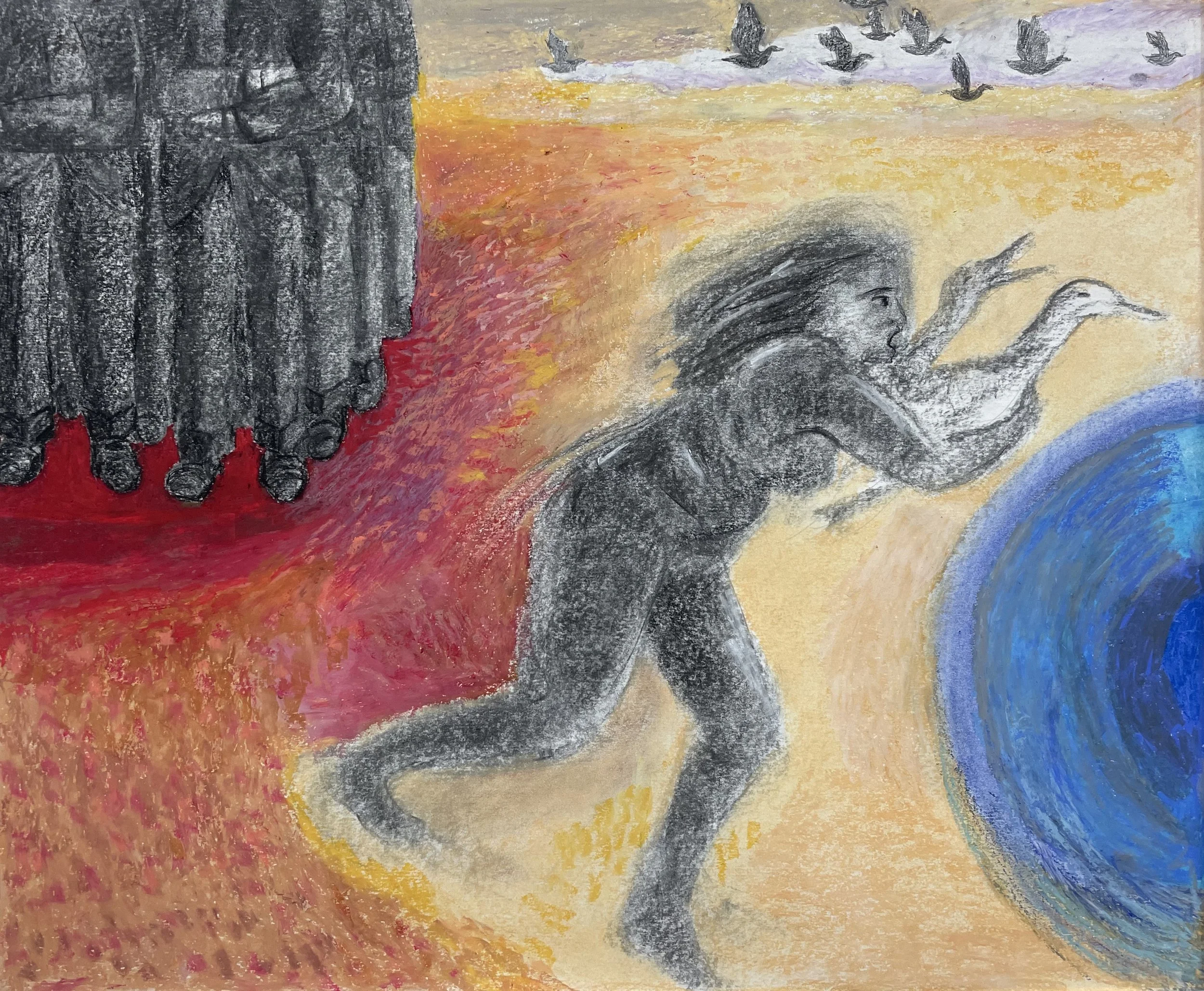  Running Woman with Waterfowl  Charcoal and oil pastel on paper  21” x 25”