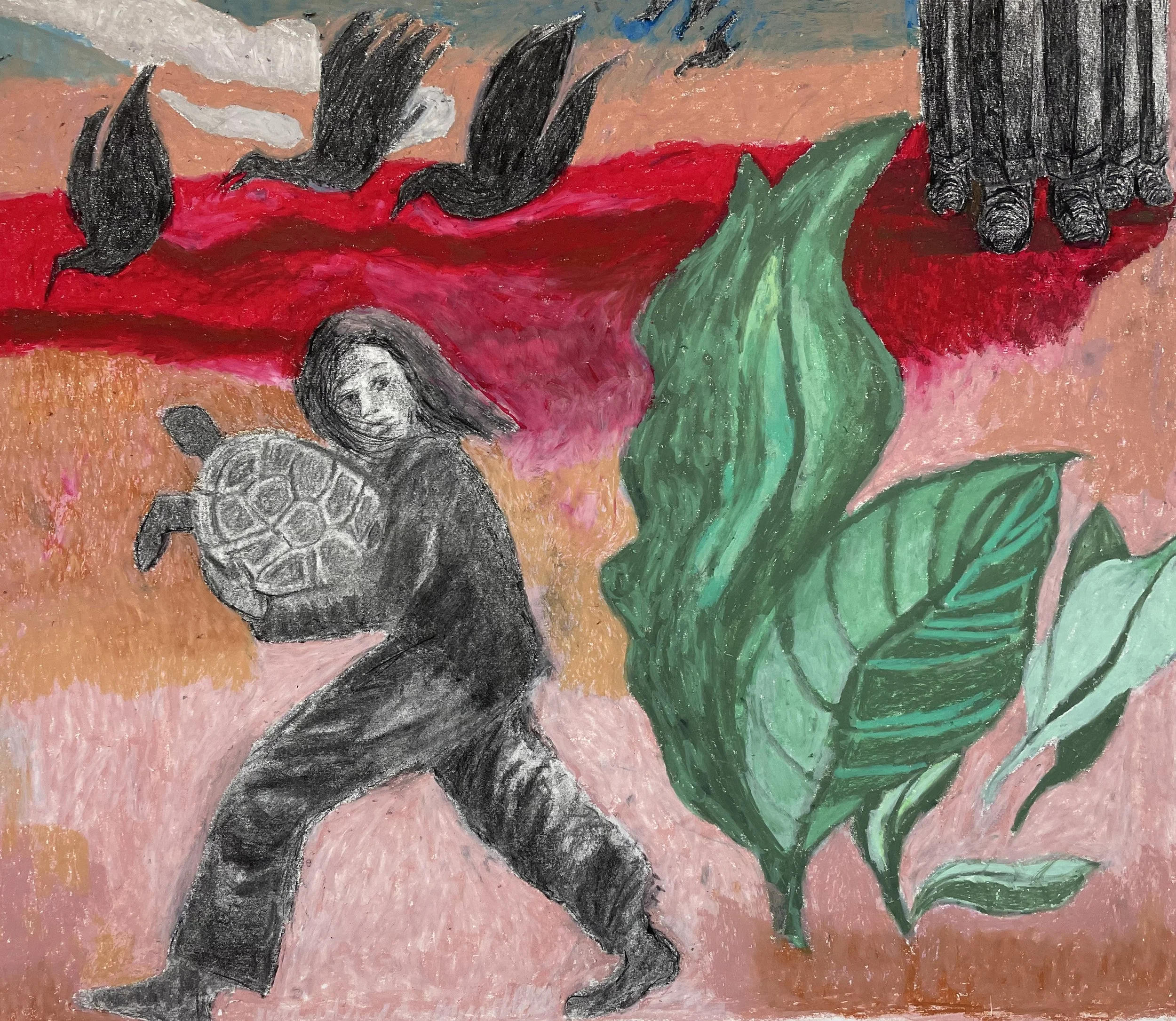  Running Woman with Turtle  Charcoal and oil pastel on paper  20” x 23”