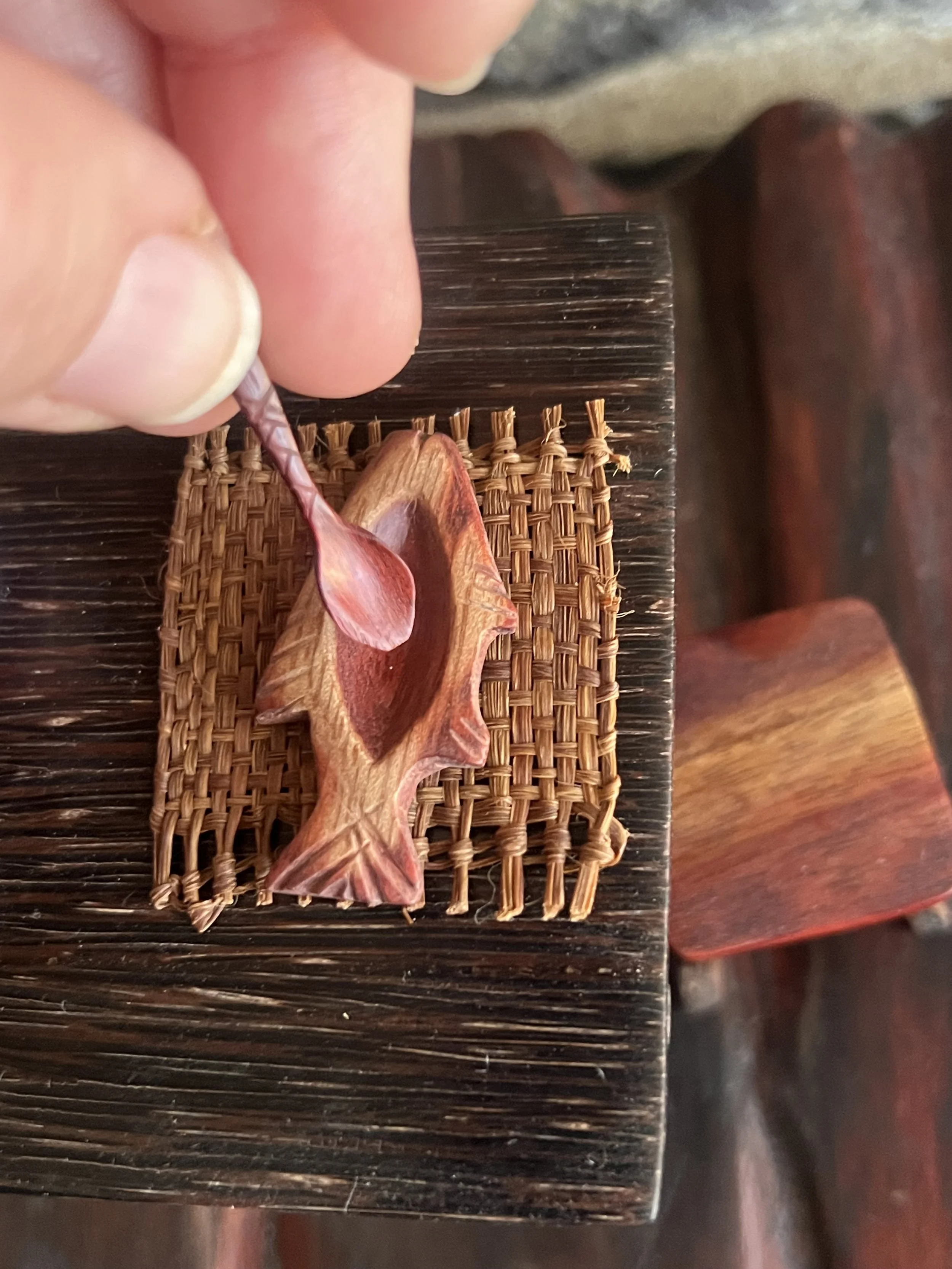 Miniature Handcarved Wood Fish Bowl and Spoon
