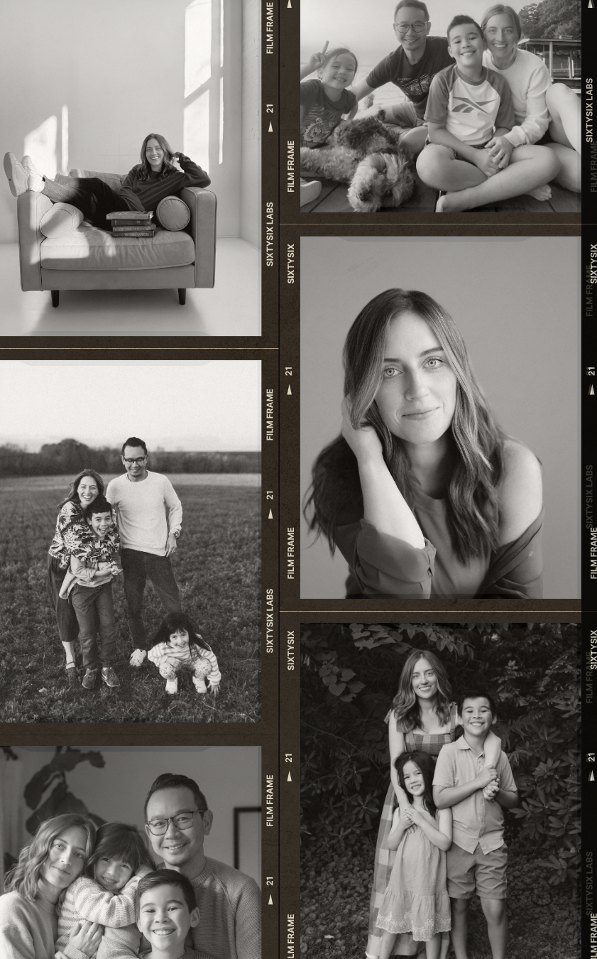 Collage of five black-and-white family photos, including children playing outdoors, a woman posing with her hand on her face, a family standing in a field, a couple with two kids indoors, and three children smiling outdoors.