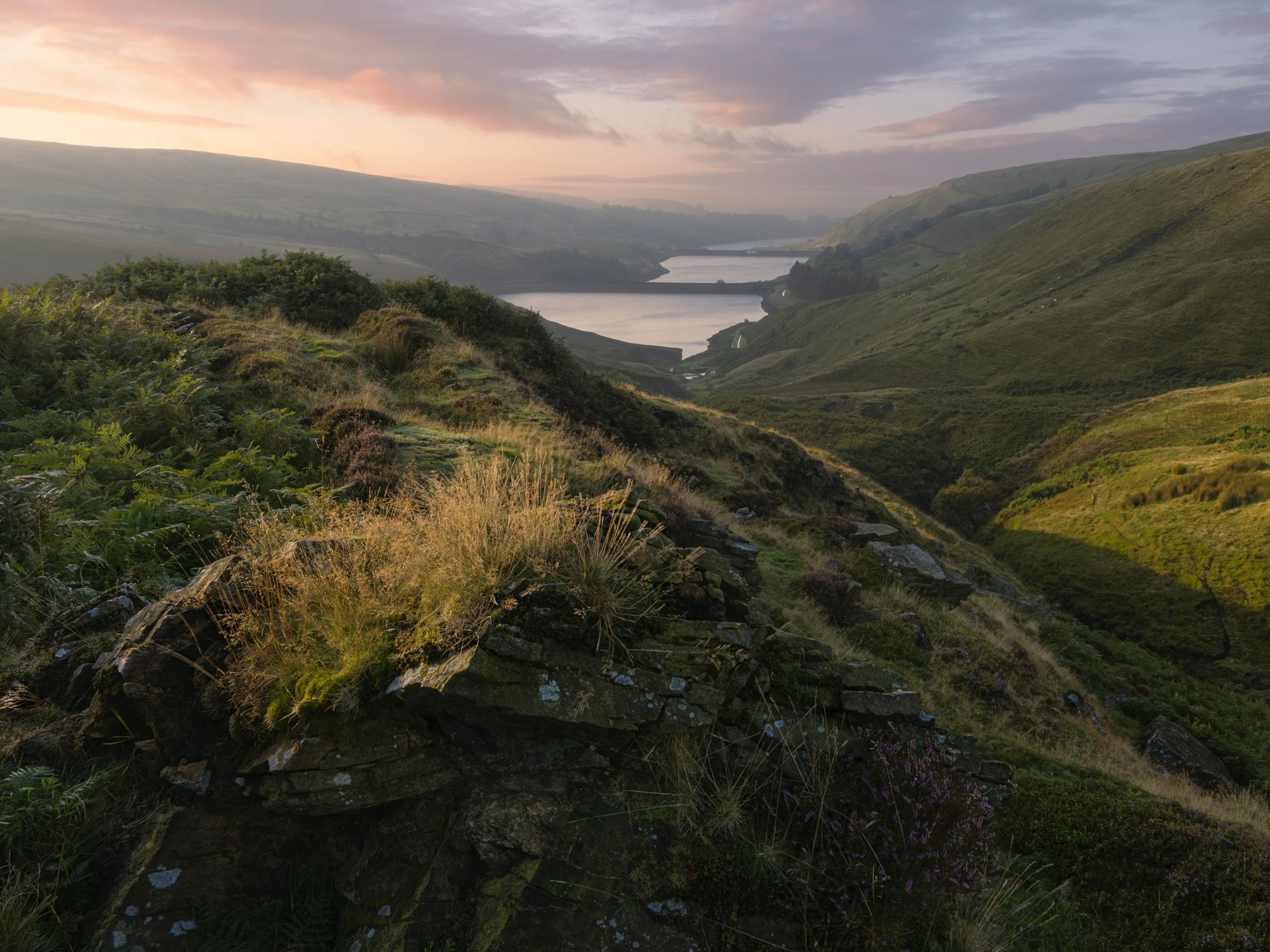 High-angle view from a rocky outcrop overlooking the Naden Reservoirs in Naden Valley near Norden, bathed in warm golden morning sunlight.