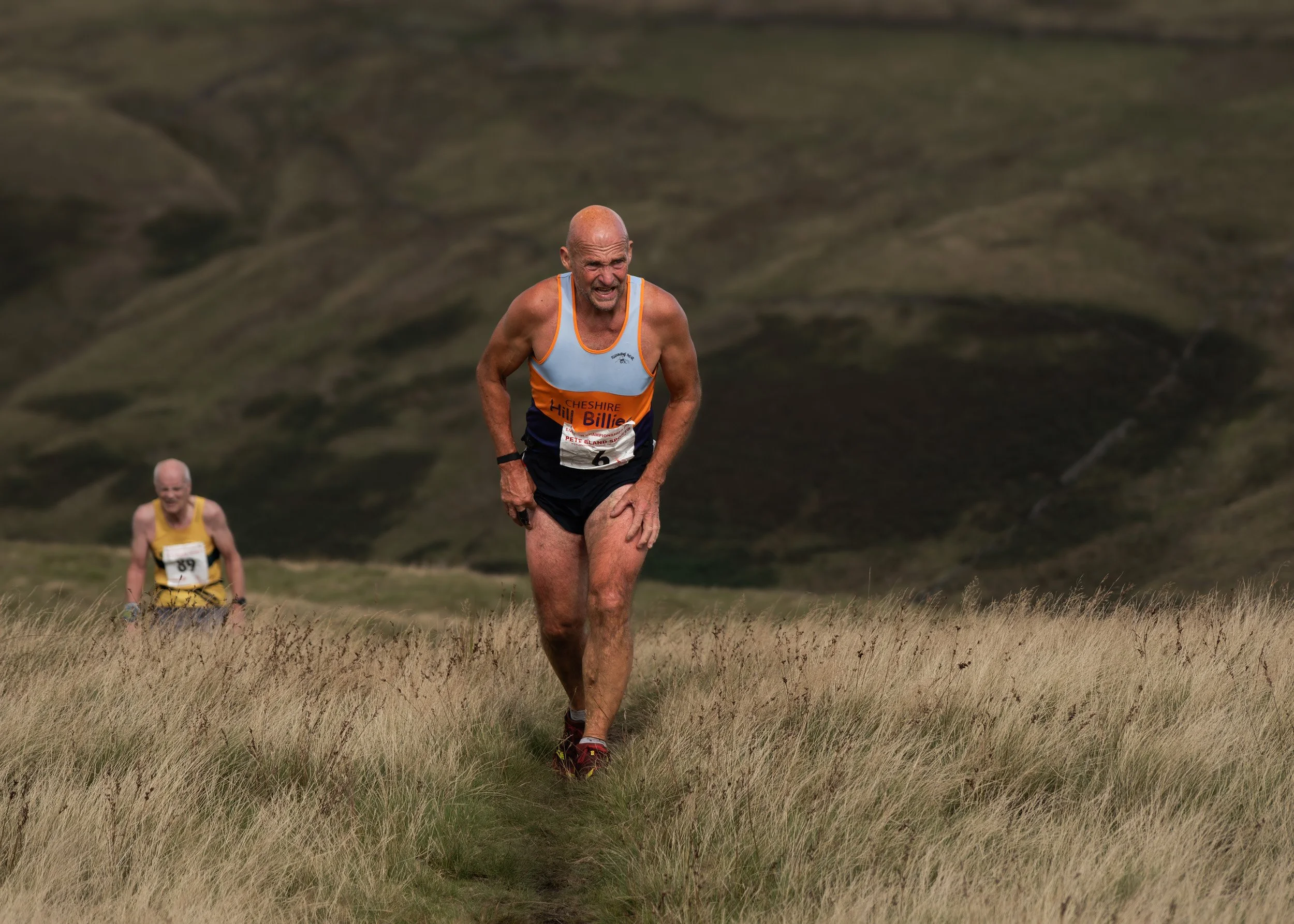 Bald veteran fell runner in an orange and blue 'Hill Billies' vest pushing hard uphill through tall grass on Scout Moor.