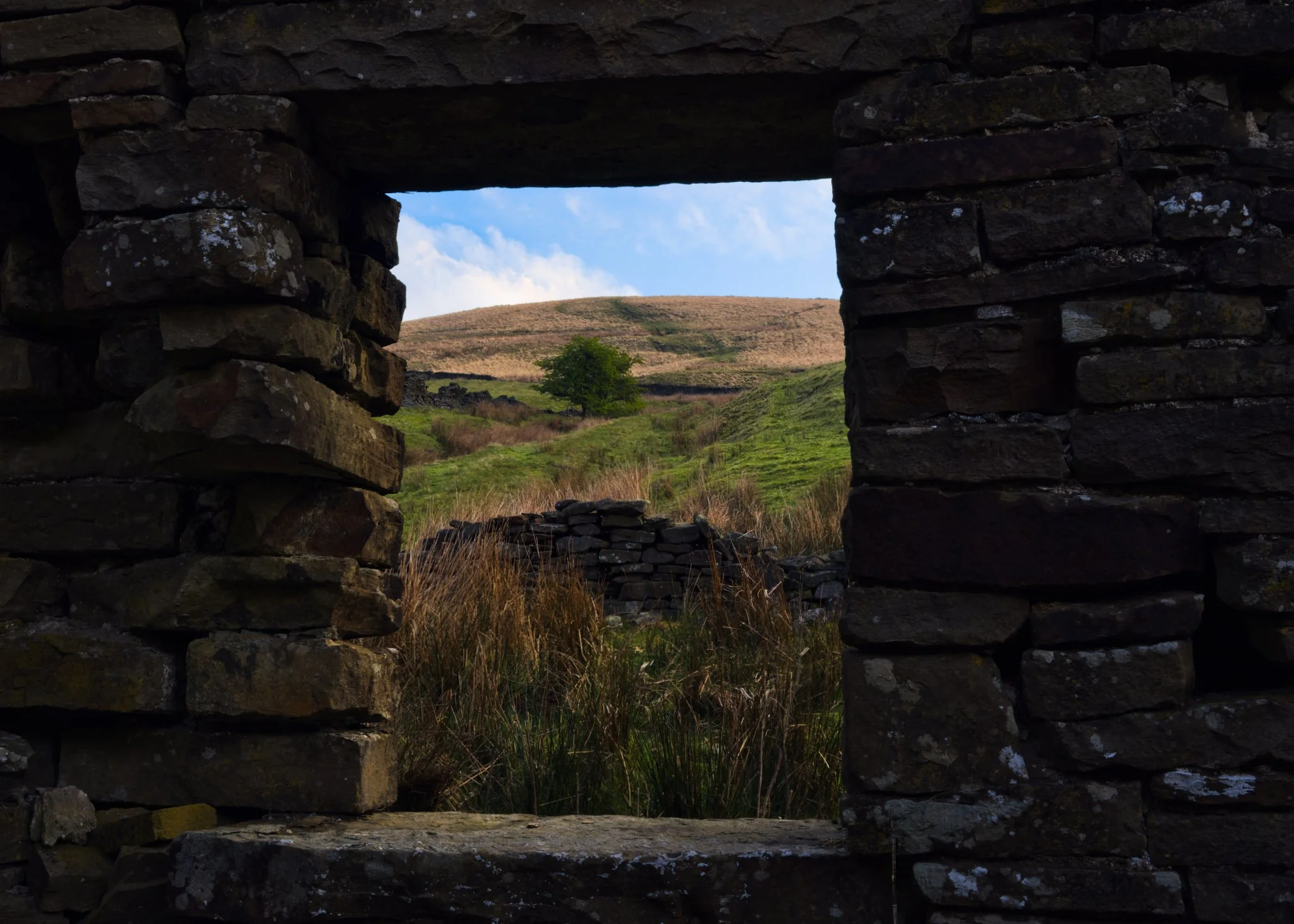 Weathered stone ruin of an old abandoned farm barn overlooking Naden Valley moorland