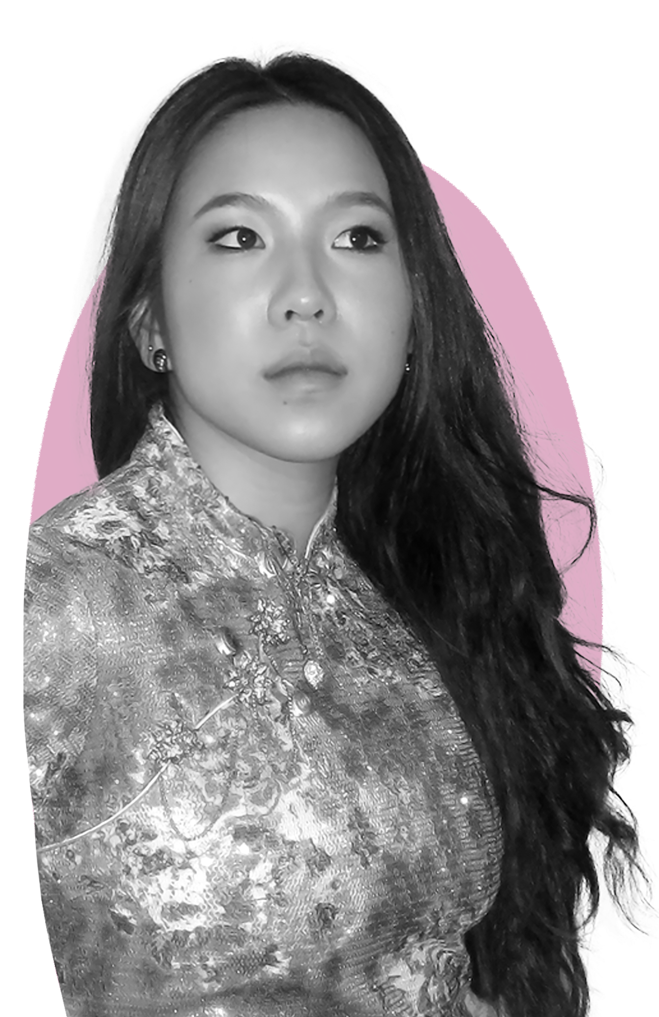 A black and white portrait of an Asian woman with long dark hair, wearing earrings and a traditional patterned dress, with a pink oval background behind her.